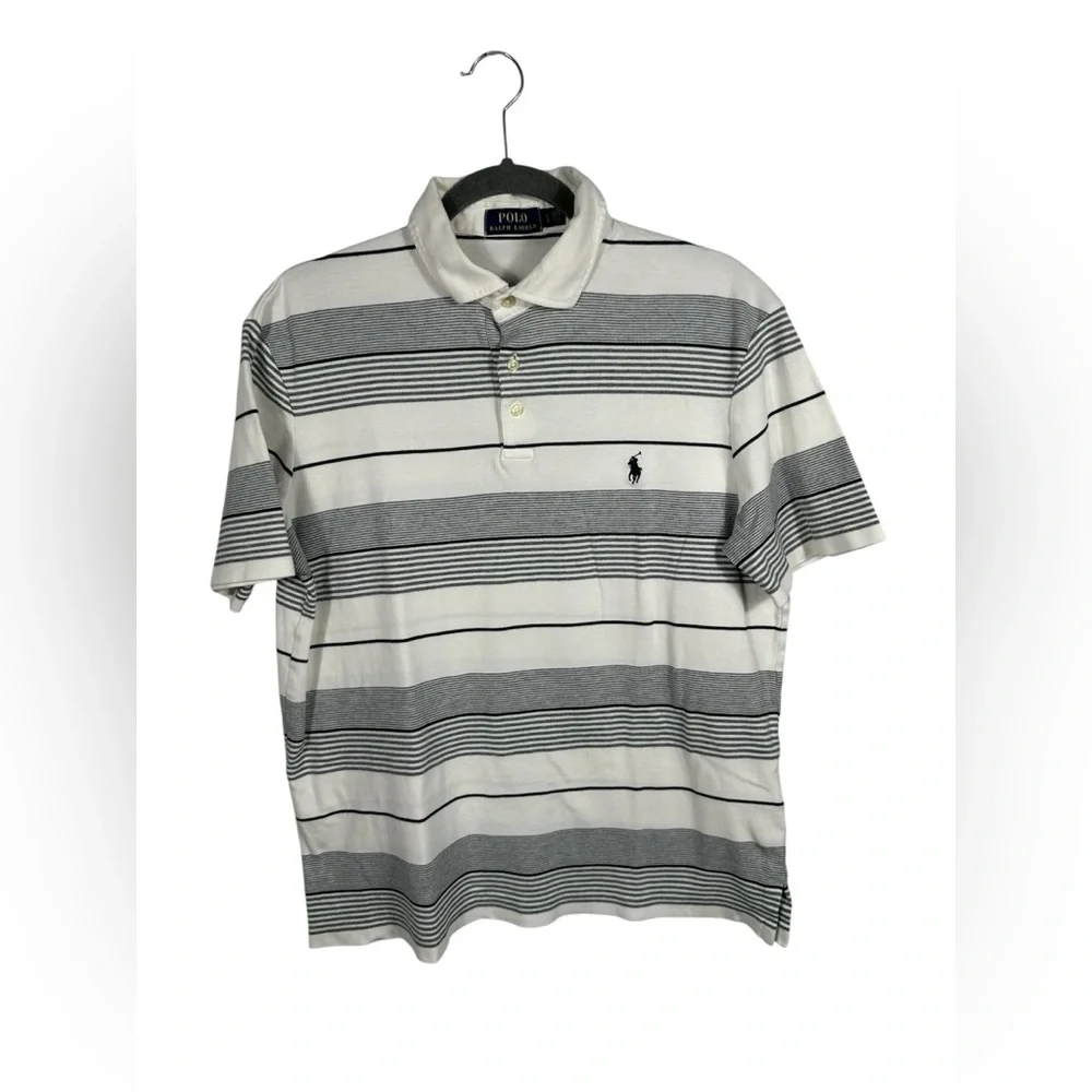 Polo Ralph Lauren Polo Shirt Men’s Large White Gray Striped Short Sleeve Classic